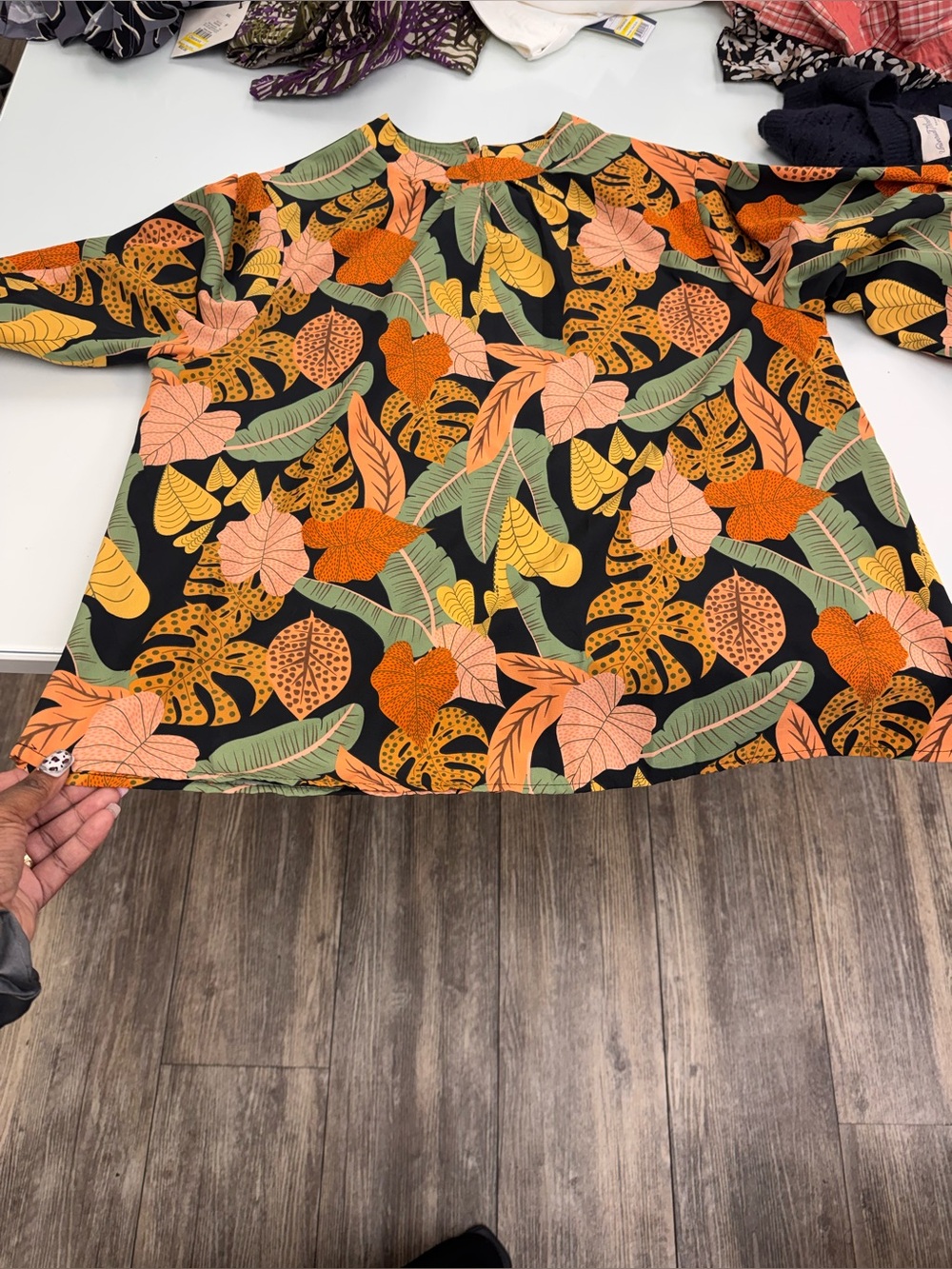 Women’s Leaf-Print Blouse in Black, Orange & Green